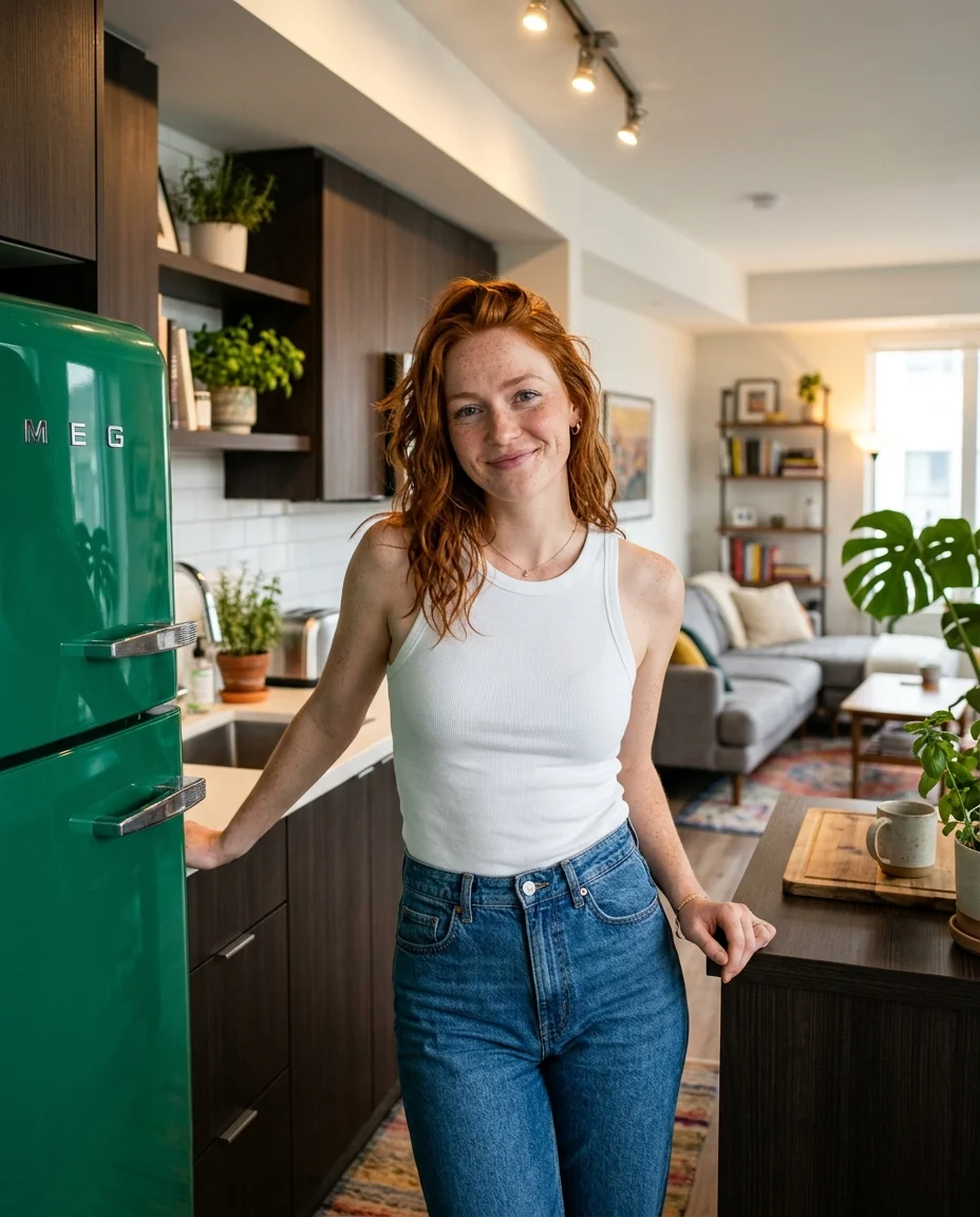 Woman with copper-red hair leaning against a kitchen counter beside a bright emerald retro fridge, relaxed morning expression