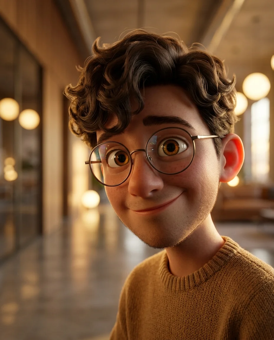 3D CGI Porträt eines Chibi-Jungen im Nahaufnahmeformat mit großen, ausdrucksstarken Augen, die Loftfenster spiegeln, warmes bernsteinfarbenes Licht auf einer