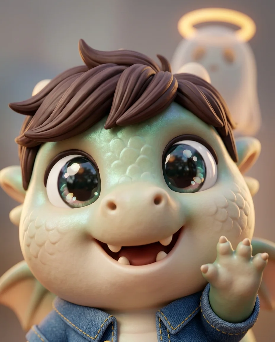 Un primer plano extremo de la adorable cara del dragón mascota de dibujos animados regordete llenando la mayor parte del encuadre en 3D de renderizado suave de