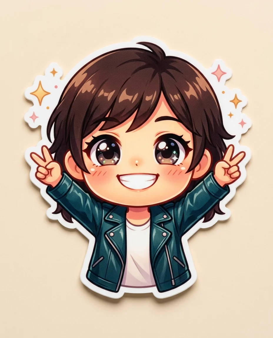 Una sola pegatina ampliada del set que muestra la expresión feliz — el personaje chibi con una sonrisa brillante y radiante...