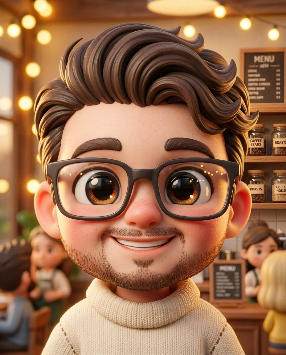 Eine extreme Nahaufnahme des Gesichts der realistischen 3D-Chibi-Jungenfigur, die den größten Teil des Rahmens ausfüllt, das Miniatur-Diorama-Café.