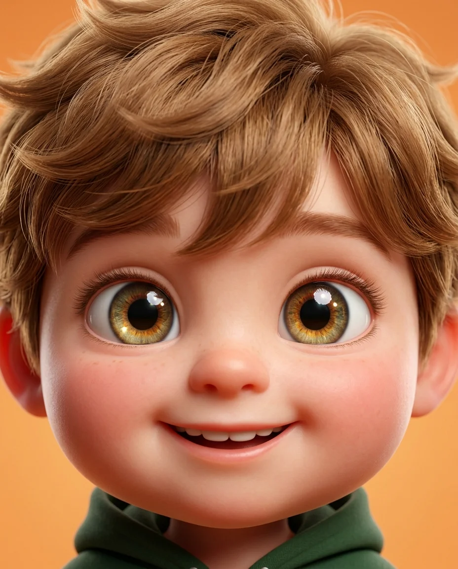 Eine extreme Nahaufnahme des Gesichts des 3D-Chibi-Jungen, sein großer, runder Kopf füllt den größten Teil des Bildes aus. Die großen...