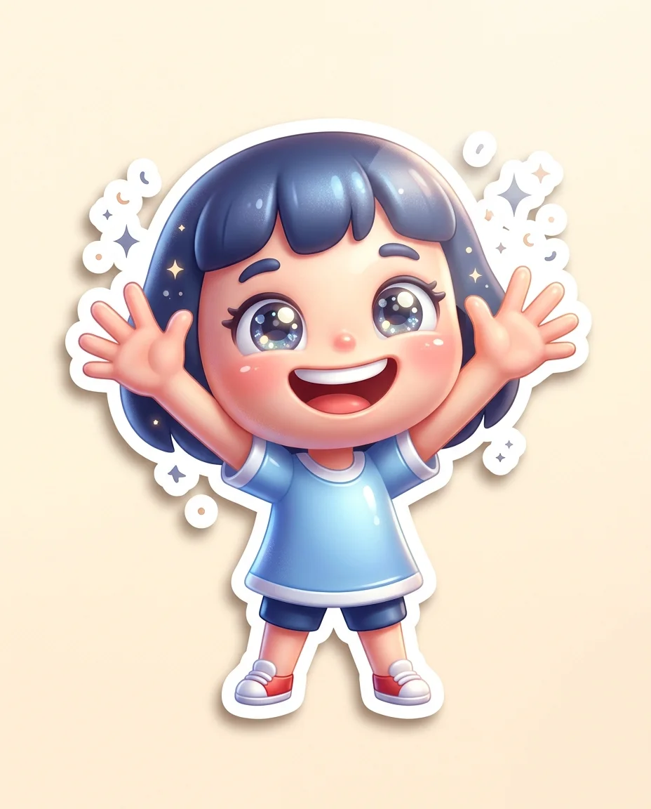 Una sola pegatina ampliada de la pose de sonrisa feliz — el personaje avatar 3D brillante con los brazos levantados en alto en...