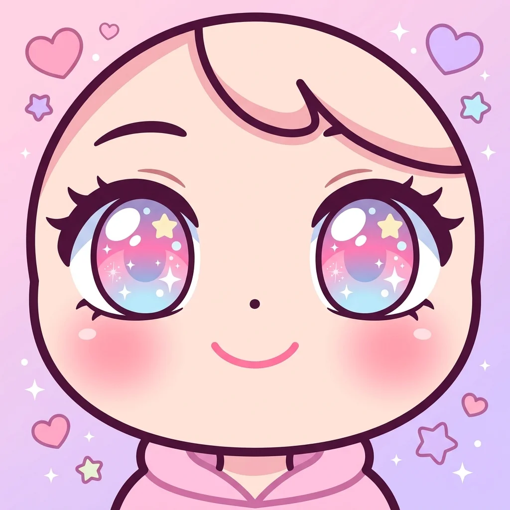 Extremes Chibi-Nahaufnahme der riesigen funkelnden Augen und geröteten Wangen desselben Avatars