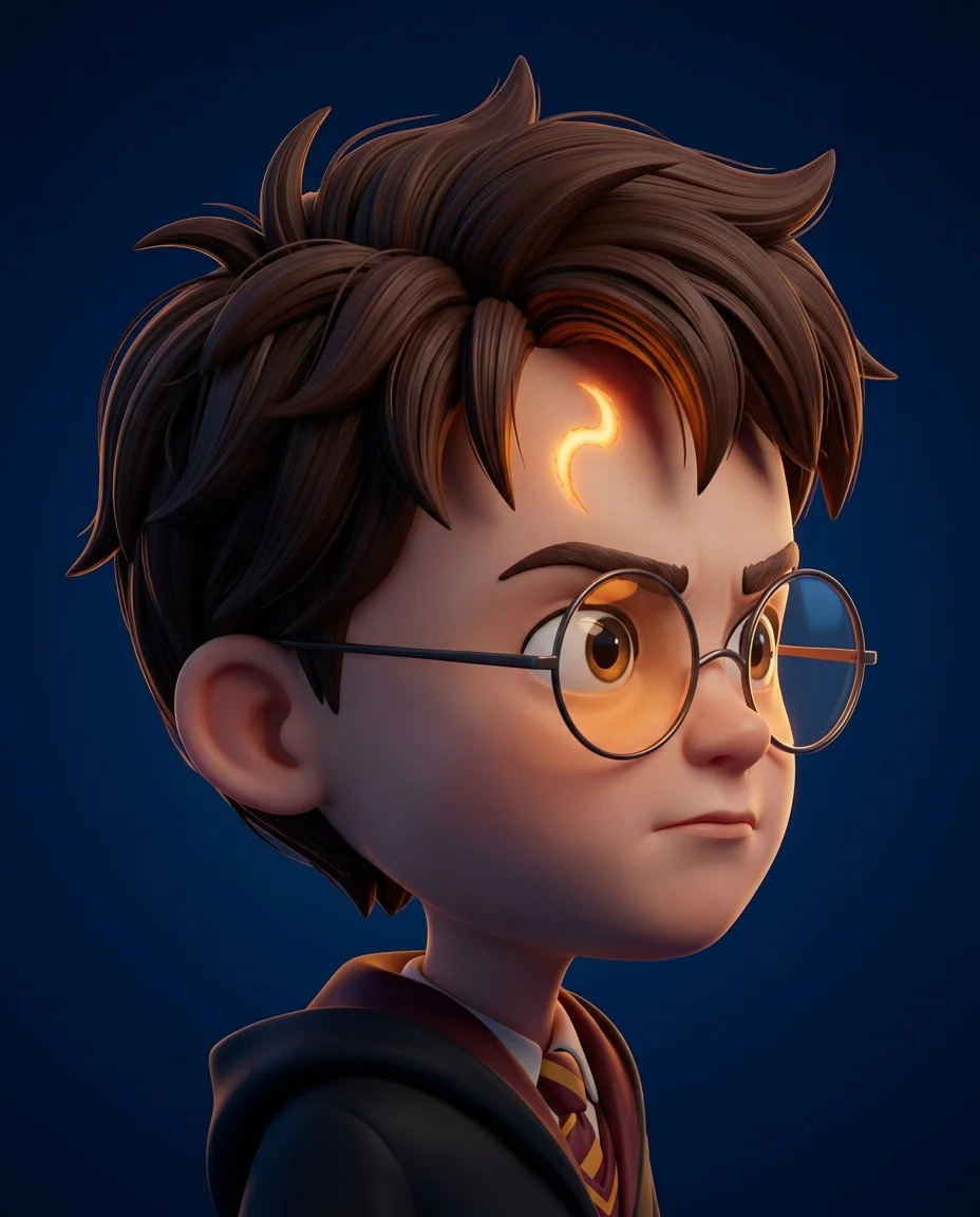Ein stilisierter 3D-CGI-Cartoon-Render mit großem Kopf desselben jungen Zauberlehrlings, nun in einer Dreiviertelansicht gedreht, die enthüllt.