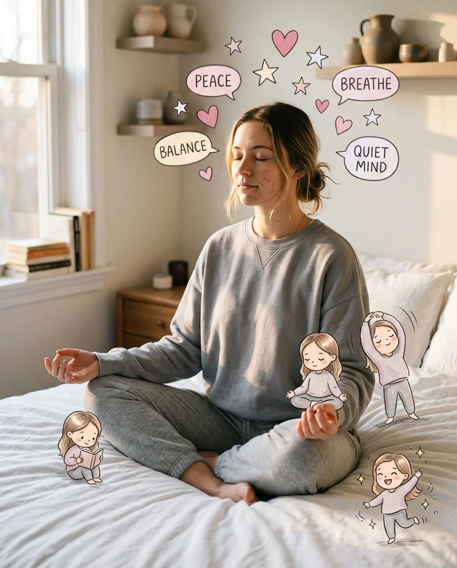 Erhöhte Ansicht einer Frau in Meditation auf einem Bett, umgeben von vier winzigen illustrierten Chibi-Versionen von sich selbst, die Wellness-Aktivitäten
