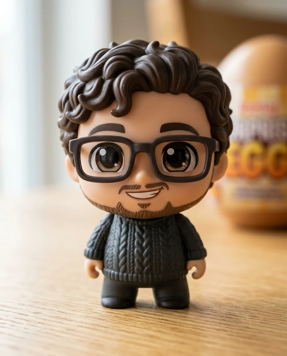 Eine extreme Nahaufnahme-Produktfotografie der Miniatur-Chibi-Sammlerfigur, die auf dem hellen Eichenholztisch steht und den Rahmen ausfüllt.