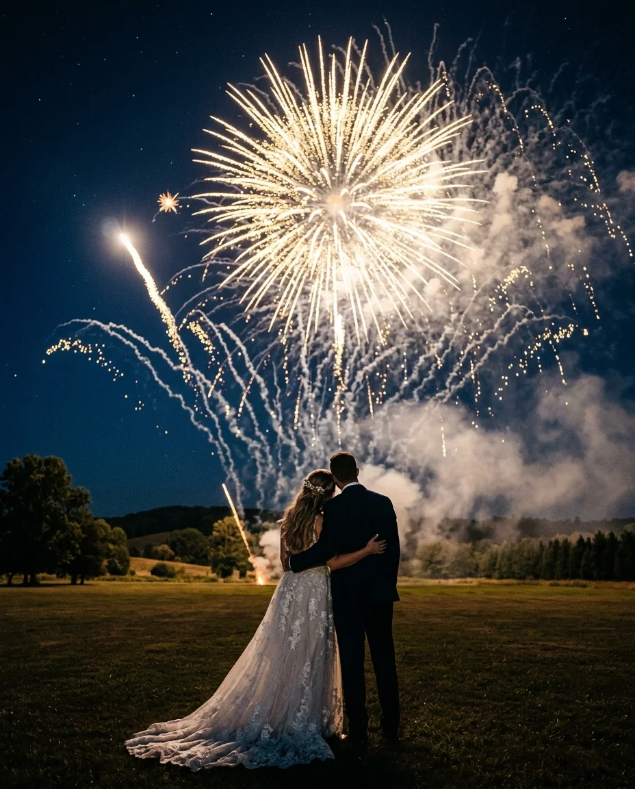 An epic cinematic photograph of the bride and groom from behind, standing together looking up at massive fireworks erupting across...