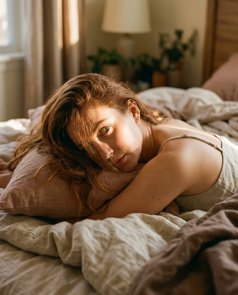Intimate golden hour portrait lying on clay-toned bed sheets, diagonal sunlight across the face, auburn hair over one eye