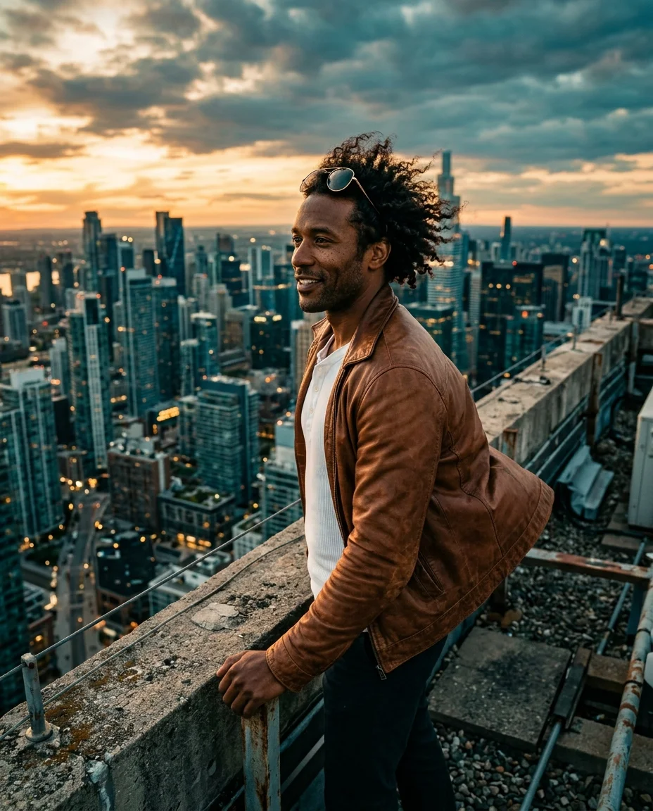 Man standing at rooftop edge looking over the city, leather jacket catching wind, golden hour silhouette and skyscraper panorama