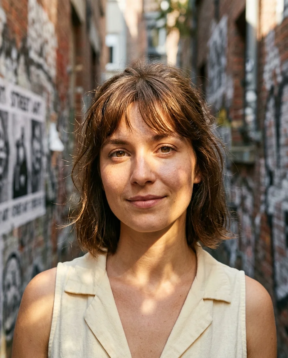 Close-up portrait with dappled alleyway sunlight on face, graffiti wall as atmospheric bokeh, warm and cool light patches