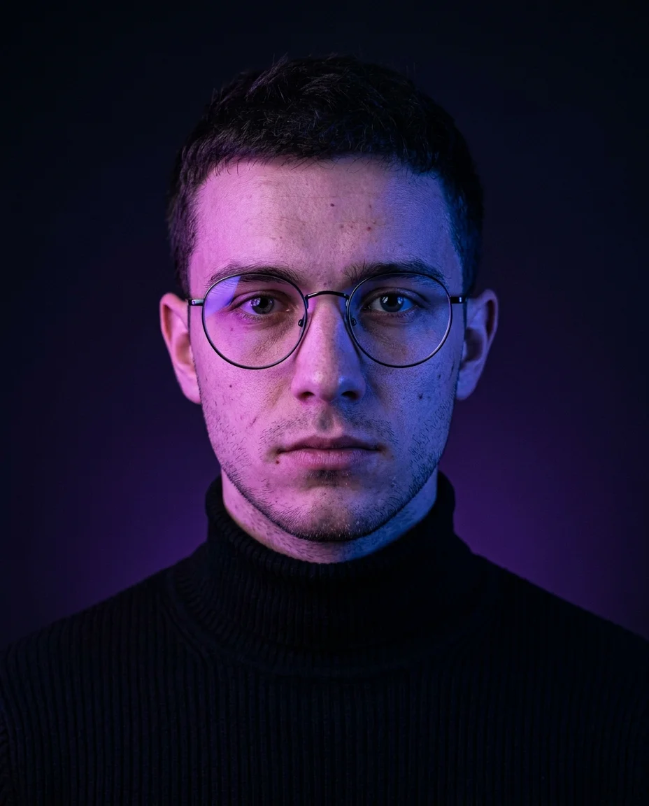 Portrait néon de face avec un éclairage violet et indigo divisé des deux côtés, lunettes reflétant la lumière colorée, regard intense et direct