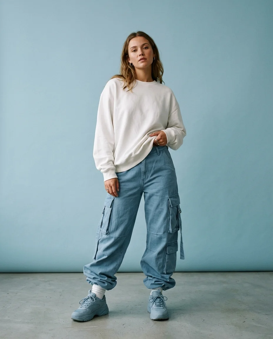 Une photographie éditoriale de mode futuriste d'une femme debout dans un studio épuré et minimaliste avec un fond bleu ciel doux. Elle...