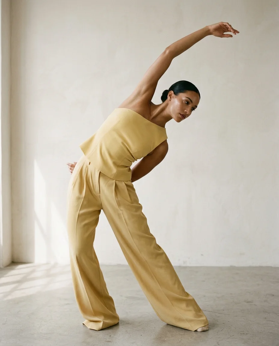 Ein fotorealistisches Editorial-Porträt einer Frau in einem sauberen, minimalistischen Premium-Studio. Sie hat eine polierte, elegante Frisur und...