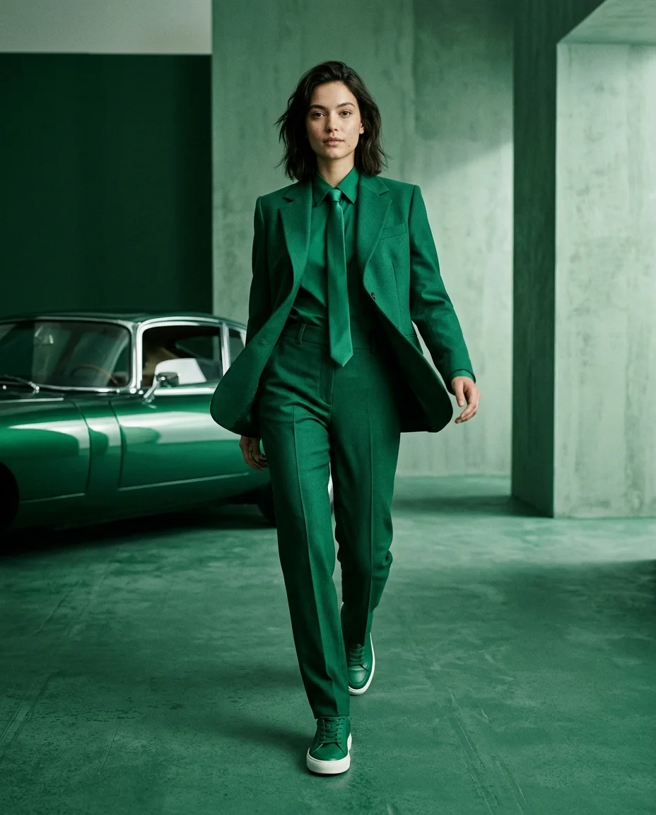 Editorial caminando en sala esmeralda monocromática, traje entallado en movimiento, corbata de satén balanceándose con paso seguro