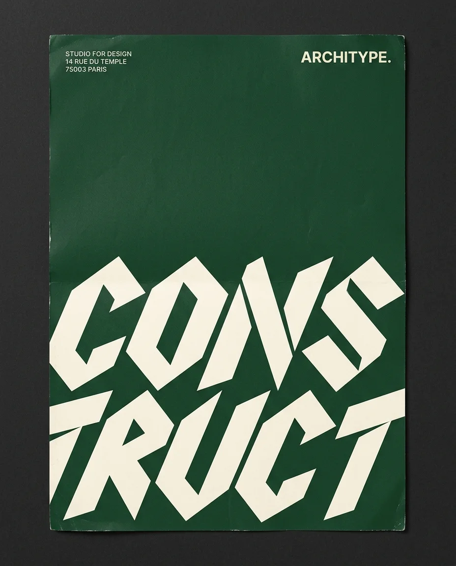 Photographie en plongée d'une affiche imprimée posée à plat sur une surface mate gris anthracite sombre, l'affiche remplit presque entièrement...