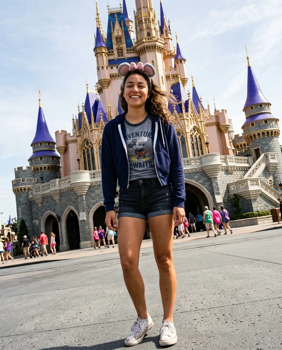 Theme park castle selfie with character ear headband, wind-tossed hair, genuine squinting smile, slightly overexposed sky