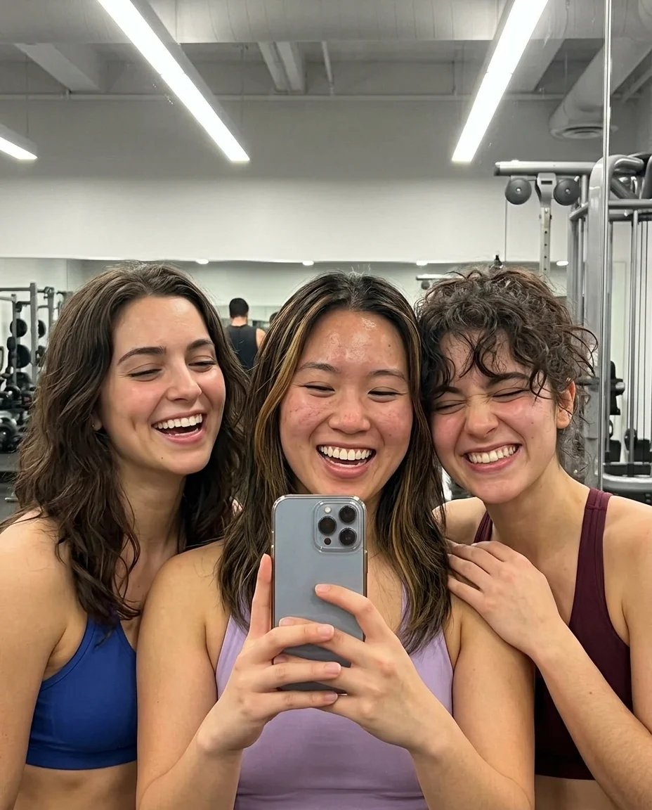 Close-crop gym mirror selfie of three women laughing, post-workout flush, each with distinct features, bright overhead lighting