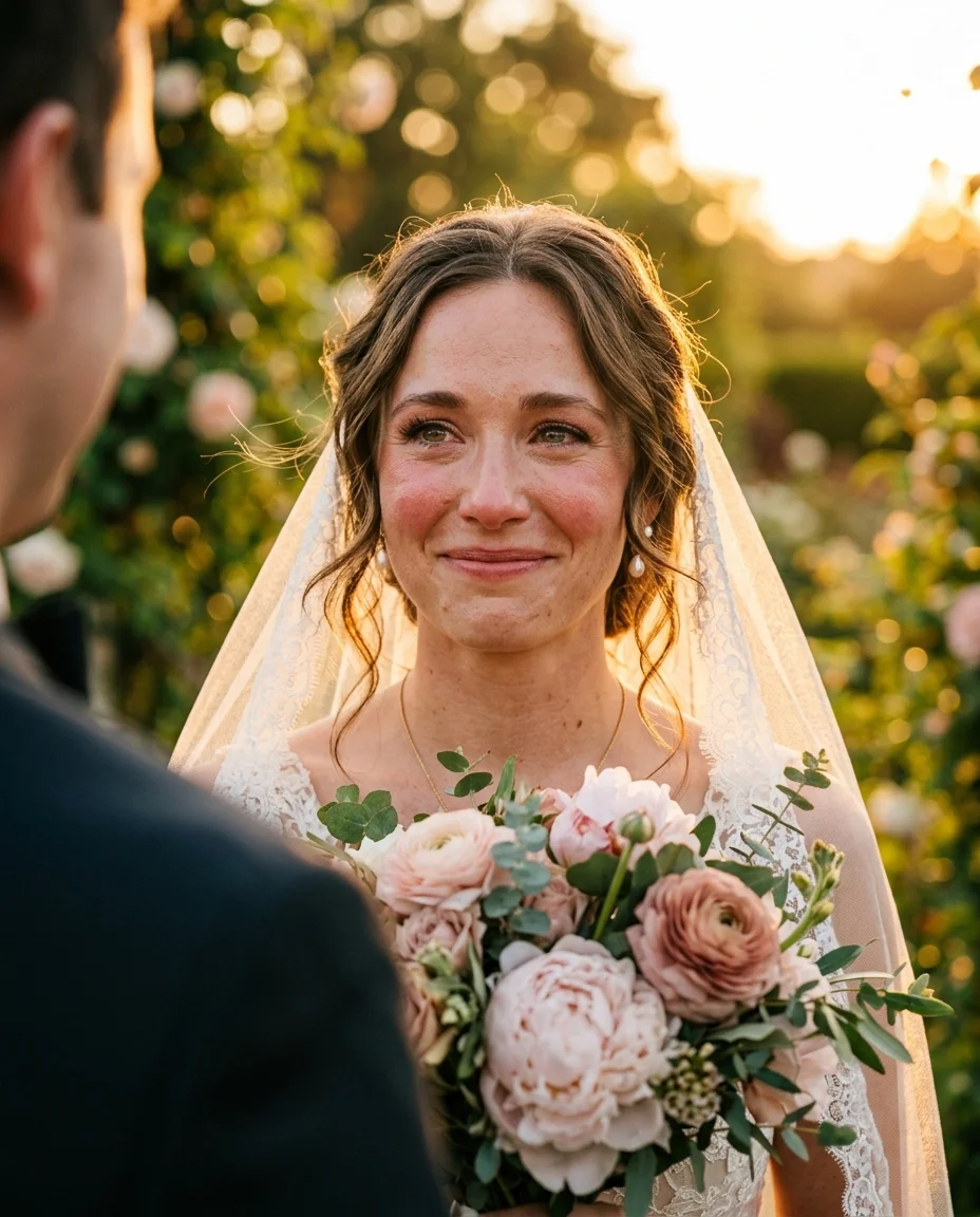 A cinematic close-up of the bride's face during the first look moment, captured from the groom's approximate perspective. Her expression...
