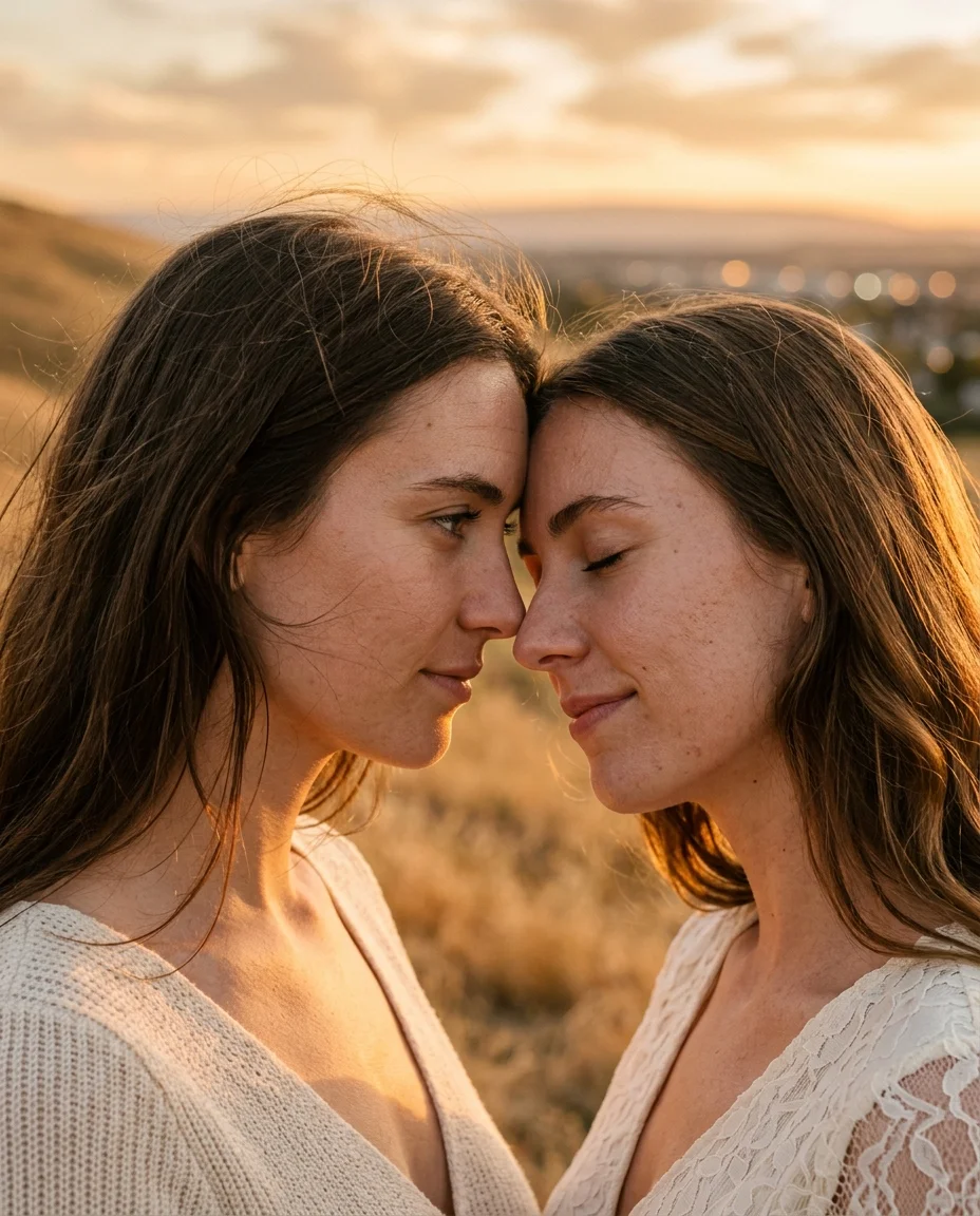 Close-up of two women with foreheads almost touching on a golden hilltop, one with eyes closed and the other gazing at her tenderly, warm light on their faces