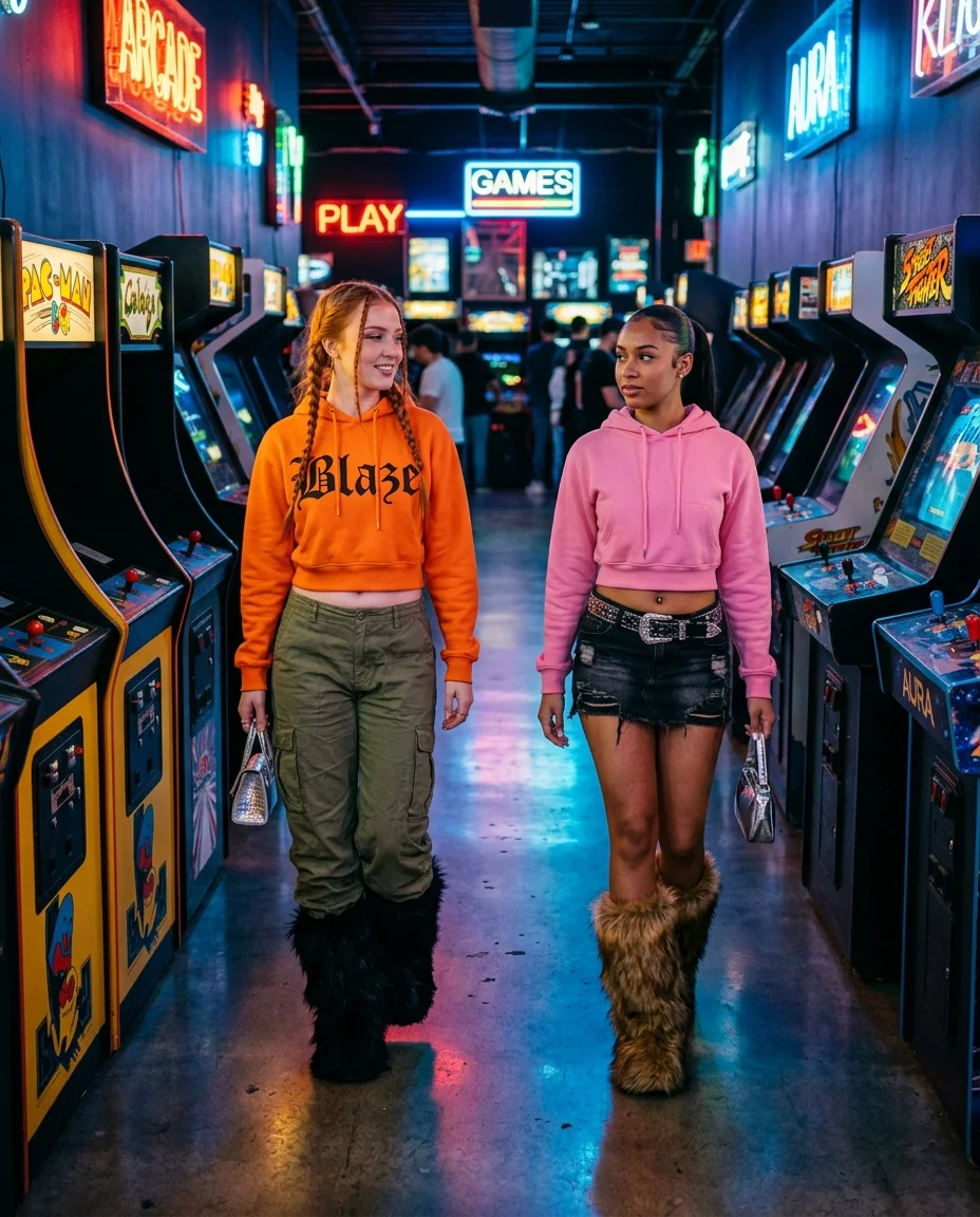 Side-angle shot of two Y2K fashion women walking through retro arcade aisle, amber and cerulean screens casting colored light
