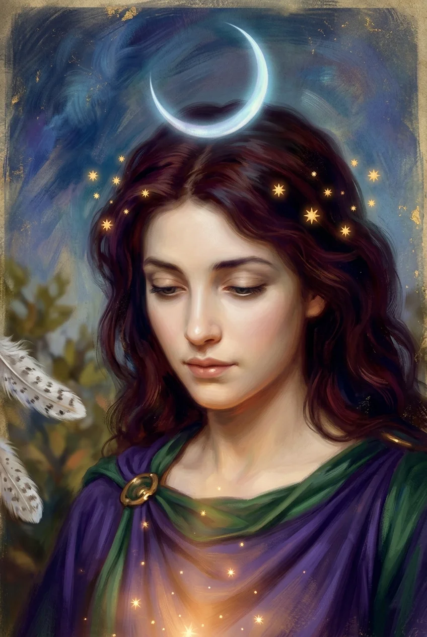 صورة شخصية مقربة مرسومة لوجه المرأة الهادئة نفسها المضيء من الأسفل بضوء النجوم.
