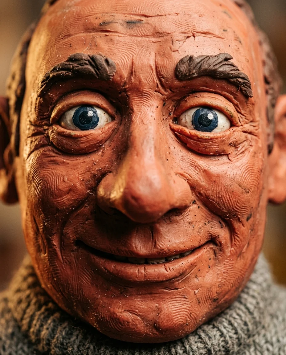 Extreme Makroaufnahme des Gesichts des Tonmännchens, die jeden in das wachsartige Plastilin gedrückten Fingerabdruck zeigt.