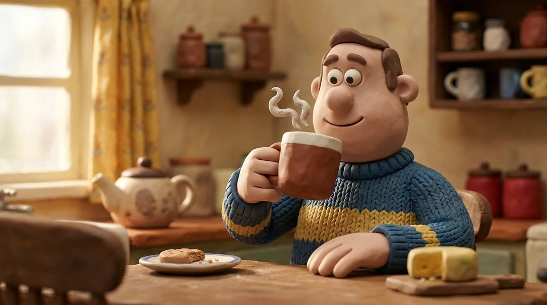 Mittlere Tonmation-Aufnahme der rundgesichtigen Tonfigur, die eine Tasse Tee mit einem zufriedenen Lächeln hochhebt.