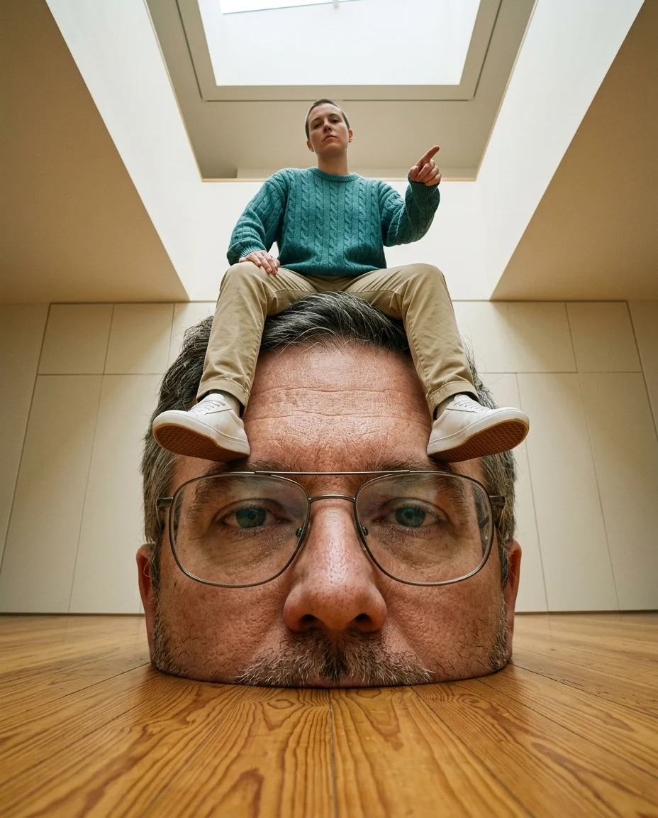 A surreal conceptual photograph shot from a low angle on the warm wooden floor, looking up at the figure seated...