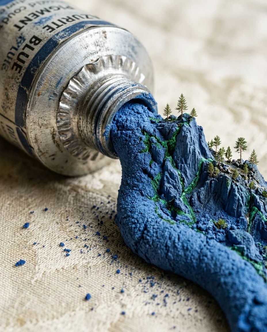 Eine Makro-Nahaufnahme der Düse einer riesigen realistischen Tube Azuritblau mineralischer Pigmentpaste. Der Rahmen...