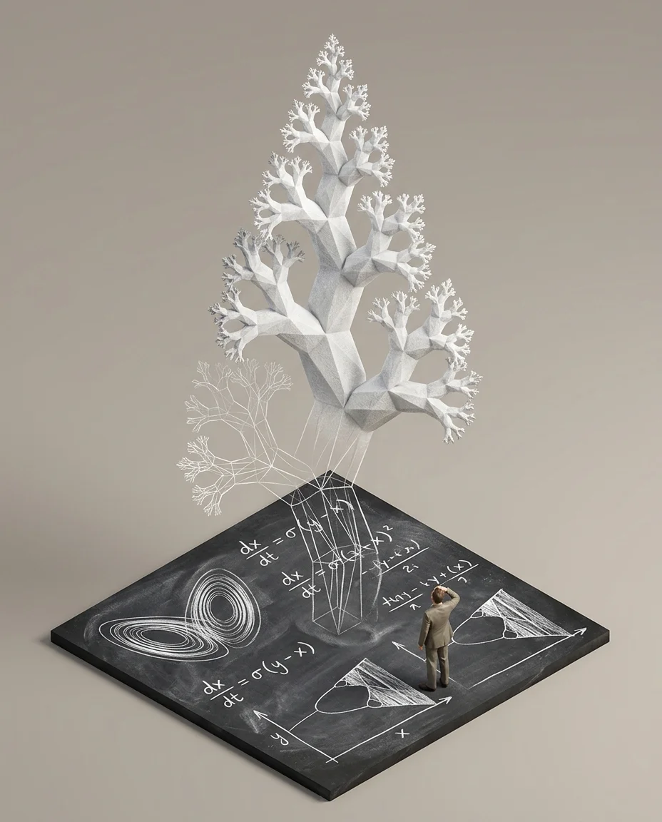 A single panel from a scientific theory visualization series, rendered in high-angle isometric perspective with a designer toy aesthetic. A...