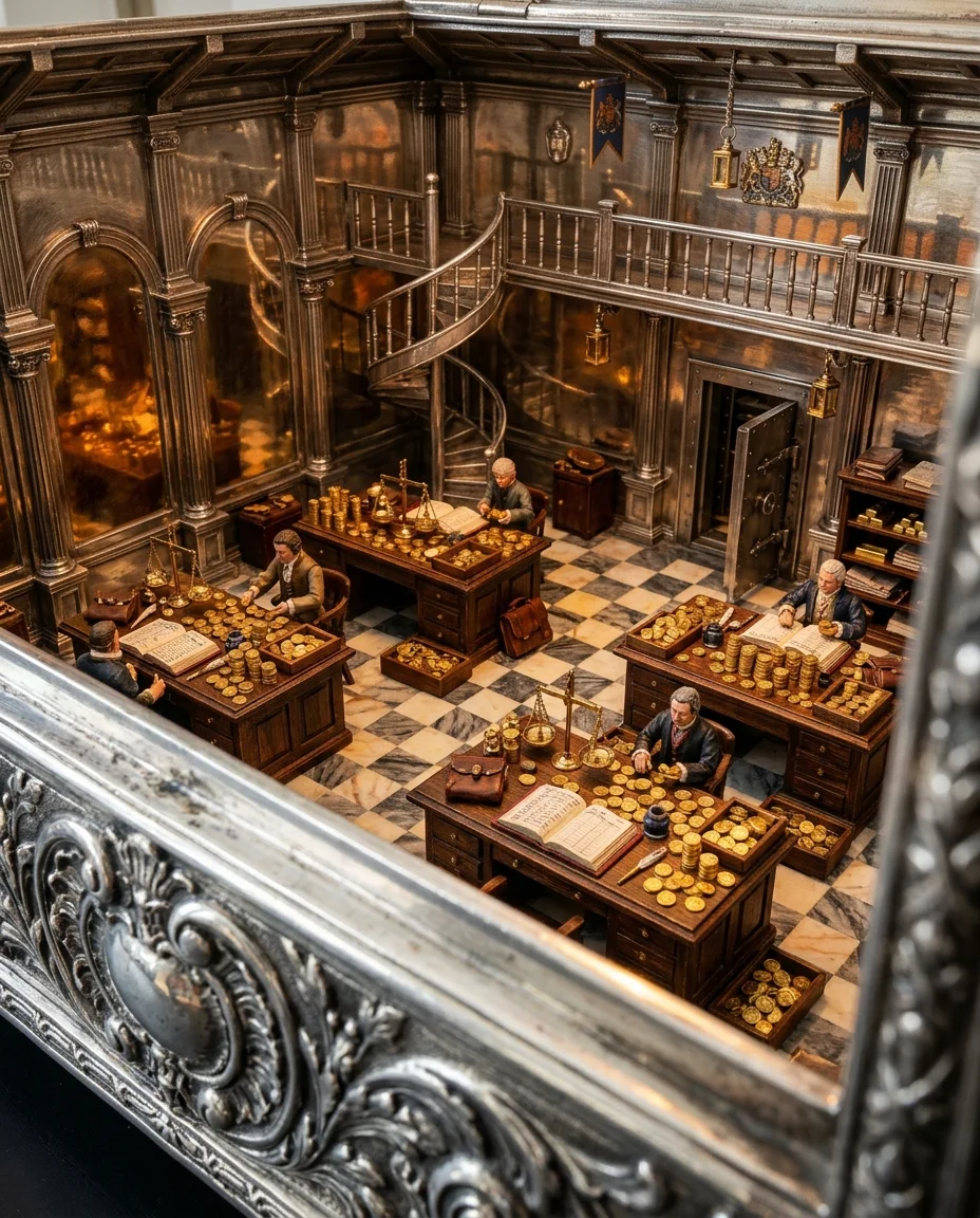 Une photographie en gros plan ultra-réaliste regardant par-dessus le bord du mur avant d'un diorama de boîte antique ornée en argent poli, regardant vers le