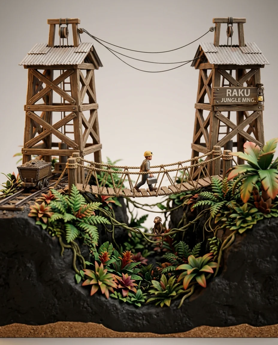 Vue rapprochée des ponts suspendus du diorama de la colonie minière dans la jungle reliant des tours de forage en bois, de minuscules ouvriers visibles, des