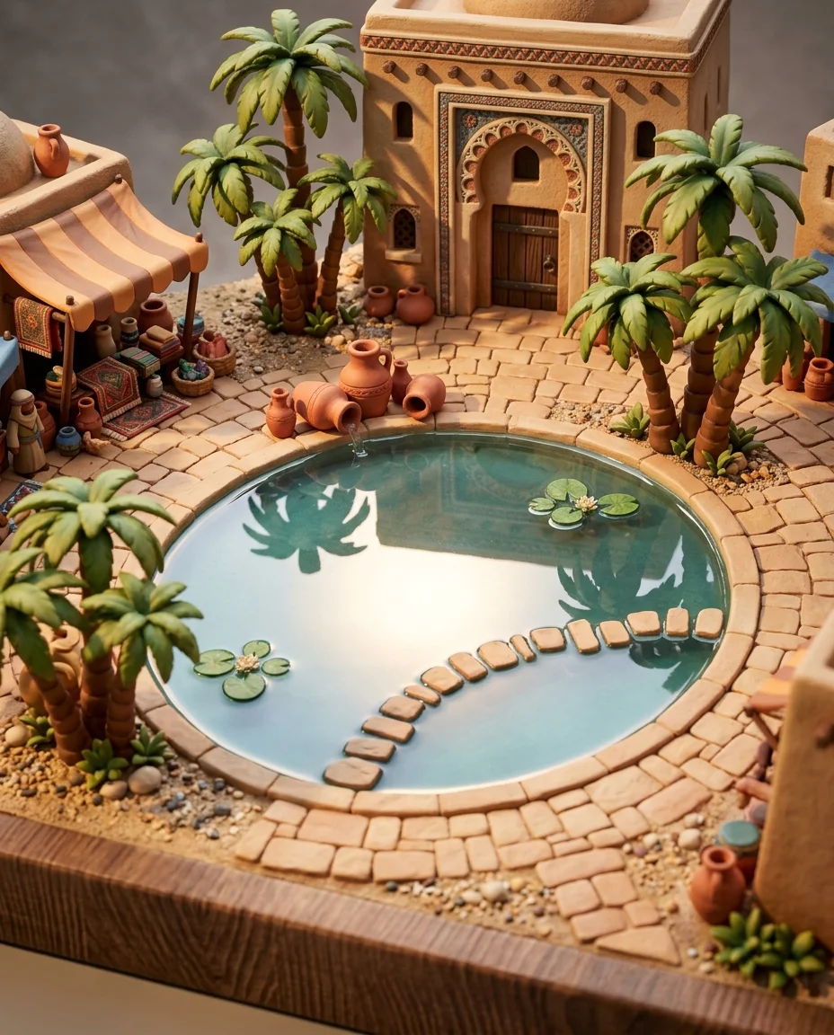 Gros plan du bassin central du diorama de l'oasis dans le désert rendu en résine transparente, reflets de palmiers sur la surface, minuscules nénuphars