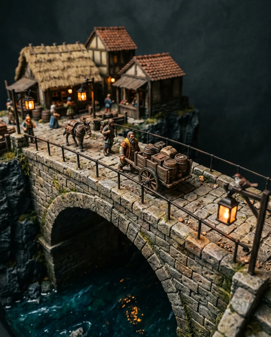 A close-up photograph of a premium handcrafted miniature diorama, focusing on the large weathered stone bridge at the heart of...