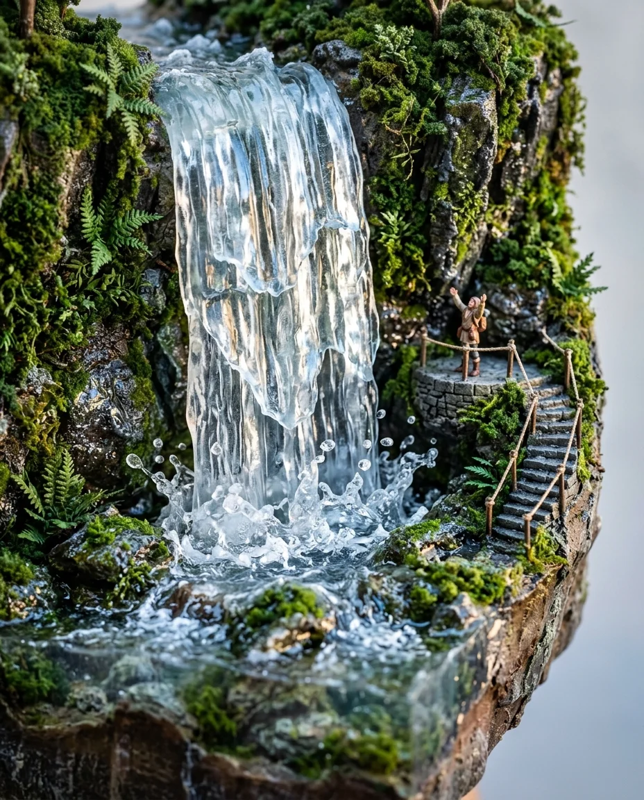 Un primer plano de la sección de cascada del diorama flotante, el agua en cascada llenando el sesenta por ciento del encuadre. La resina estilizada...