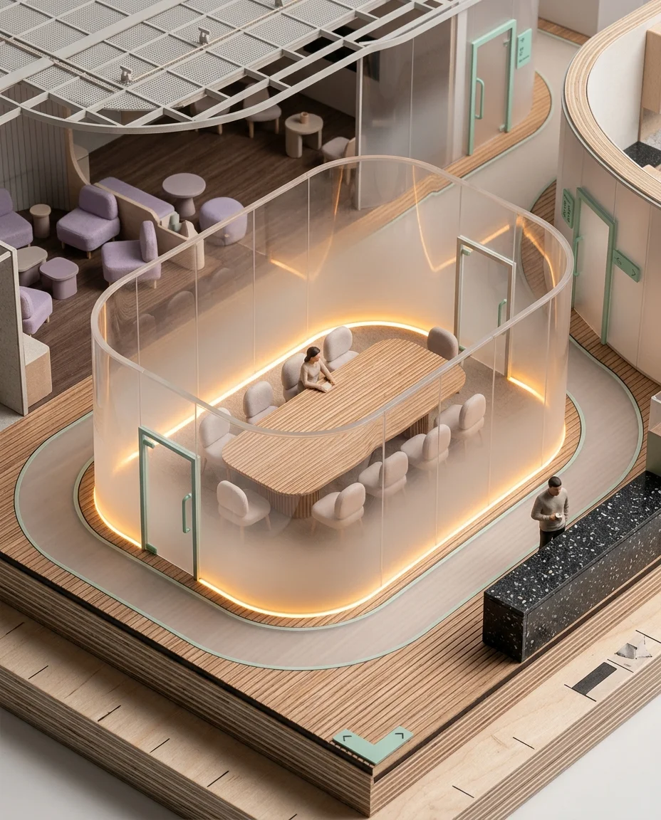 A close-up of the isometric diorama's cutaway section focusing on a single floor level. The curved meeting room fills the...