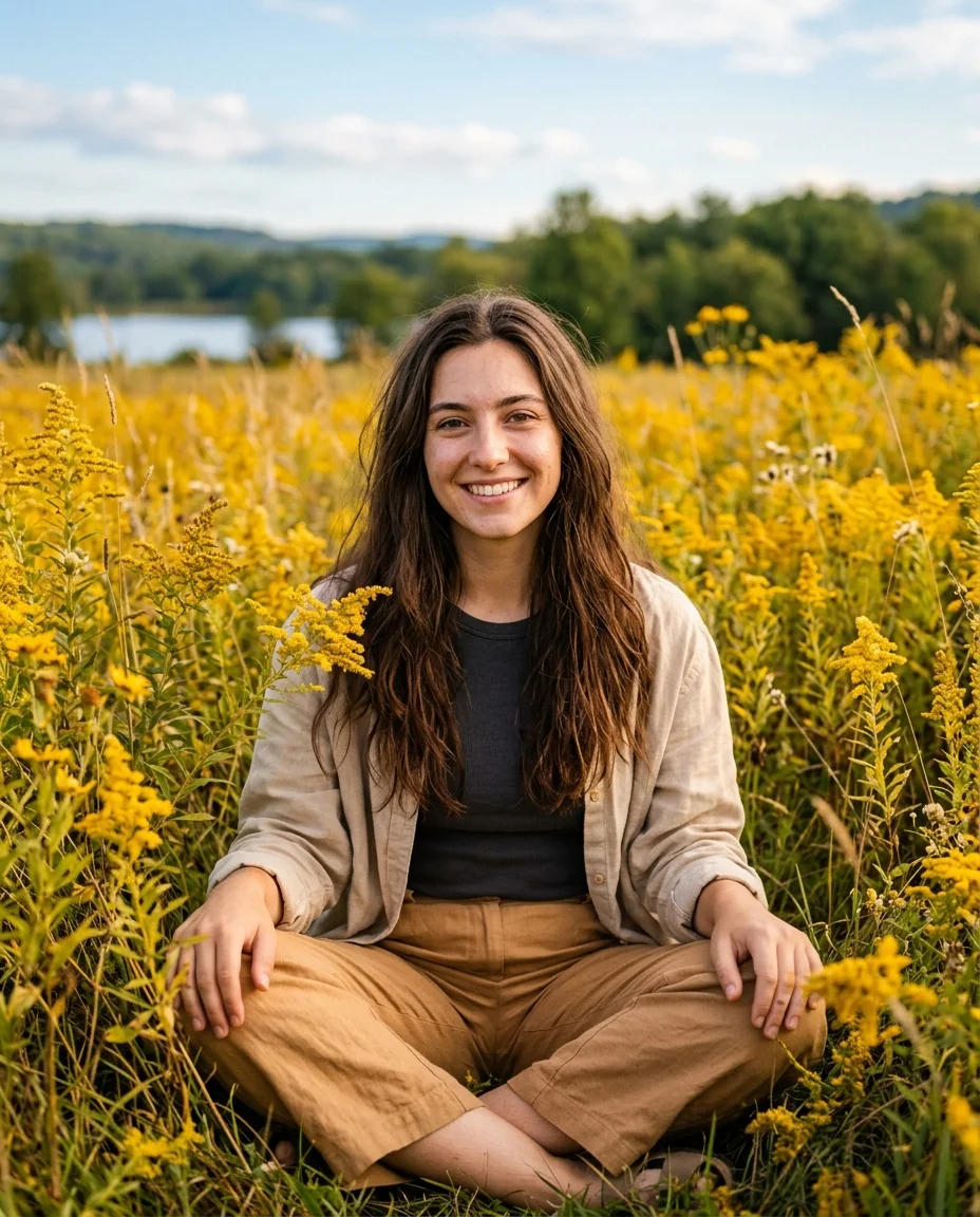 Woman sitting among golden wildflowers at eye level, surrounded by an immersive sea of gold with lake in the soft background