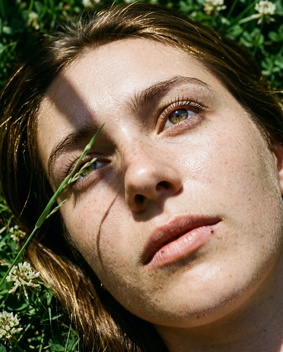 Extreme face close-up on grass with every pore visible, freckles, sweat sheen, harsh sunlight shadow across one eye