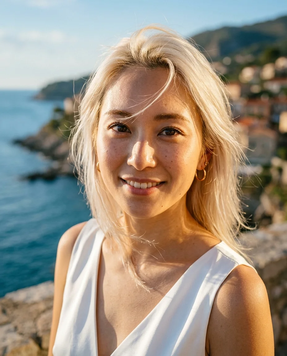 Close-up Mediterranean portrait with platinum hair in sunlight, ocean reflected in brown eyes, gold earrings catching light