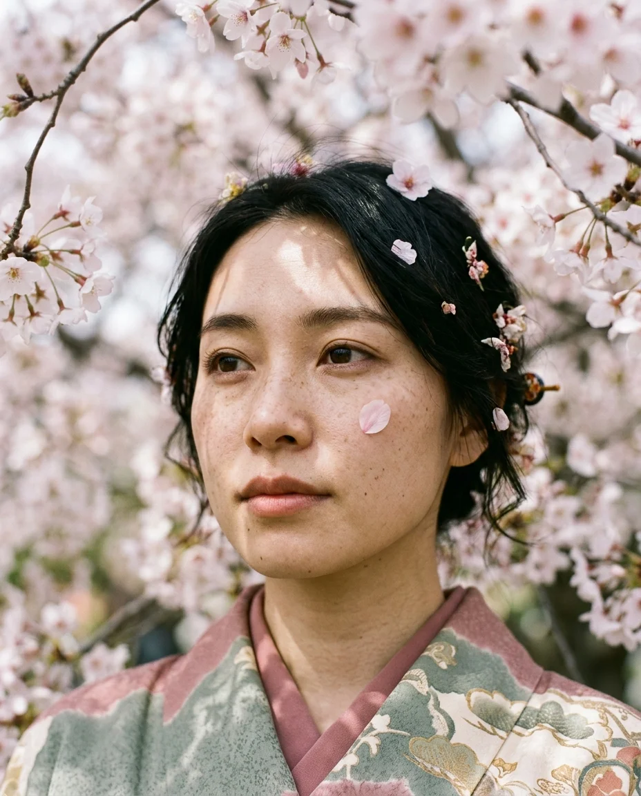 Close-up of a Japanese woman's contemplative face framed by cherry blossoms, a single petal resting on her cheek