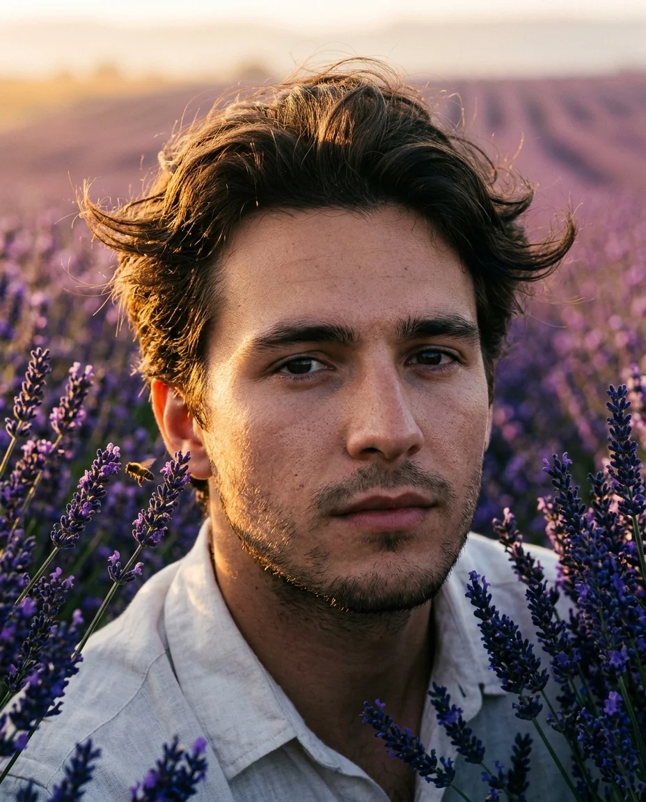 Close-up portrait in lavender at sunrise with golden amber light on one side and cool violet shadow on the other, flowers framing the face