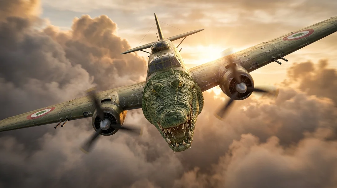 Rendu 3D de face du bombardier à tête de crocodile volant vers le spectateur, ailes déployées.