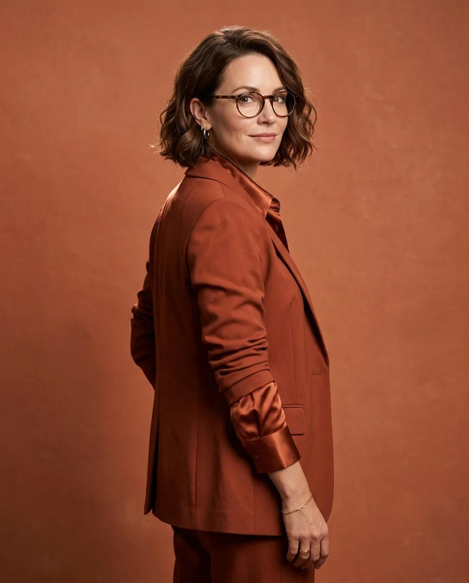 Un elegante retrato de estudio de una mujer segura con un traje sastre monocromático de color marrón quemado que consta de un blazer estructurado con...