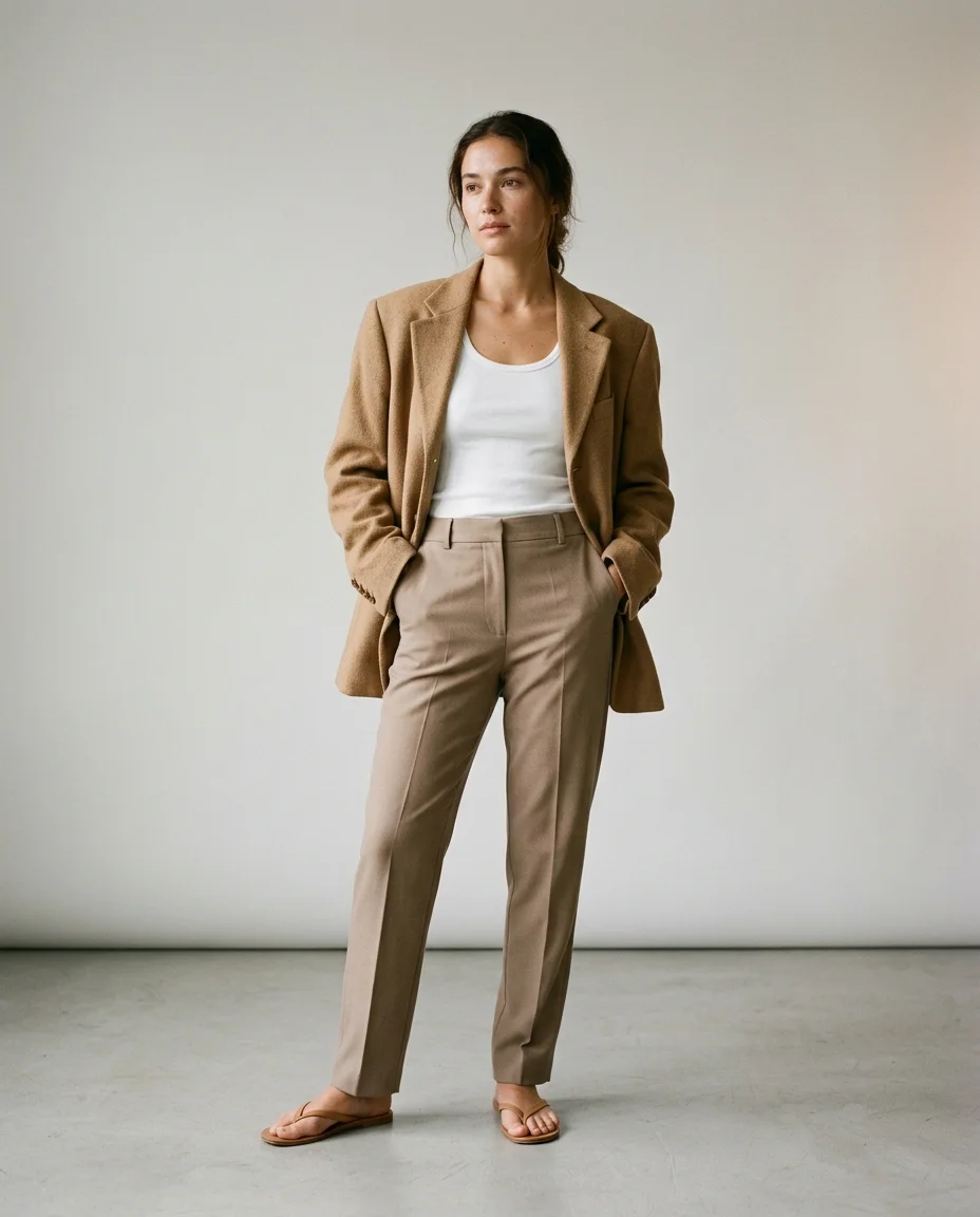 Portrait de mode minimaliste debout, mains dans les poches du blazer camel, tenue complète visible avec une composition épurée en espace négatif