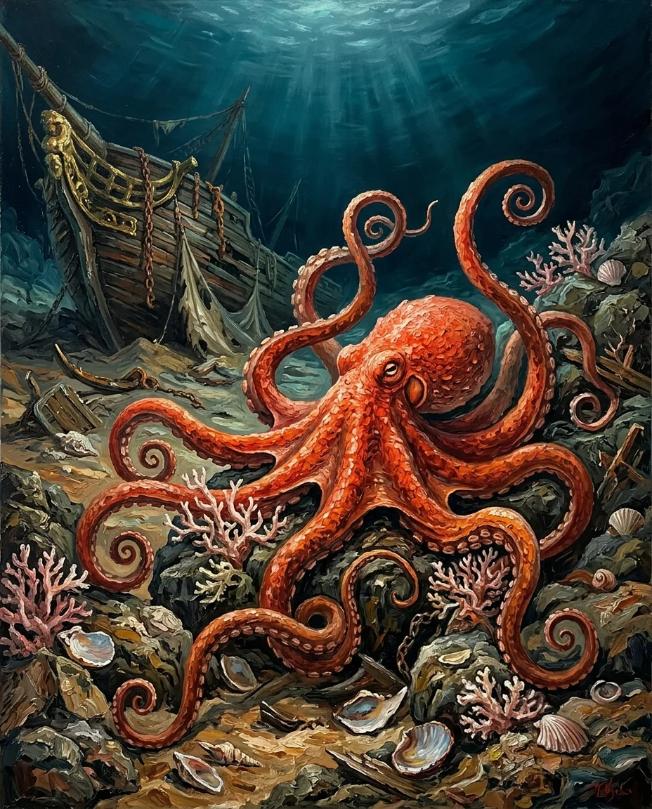 Una pintura al óleo caótica y muy detallada con una composición amplia que muestra al vibrante pulpo de color naranja bermellón extendiéndose sobre un vasto