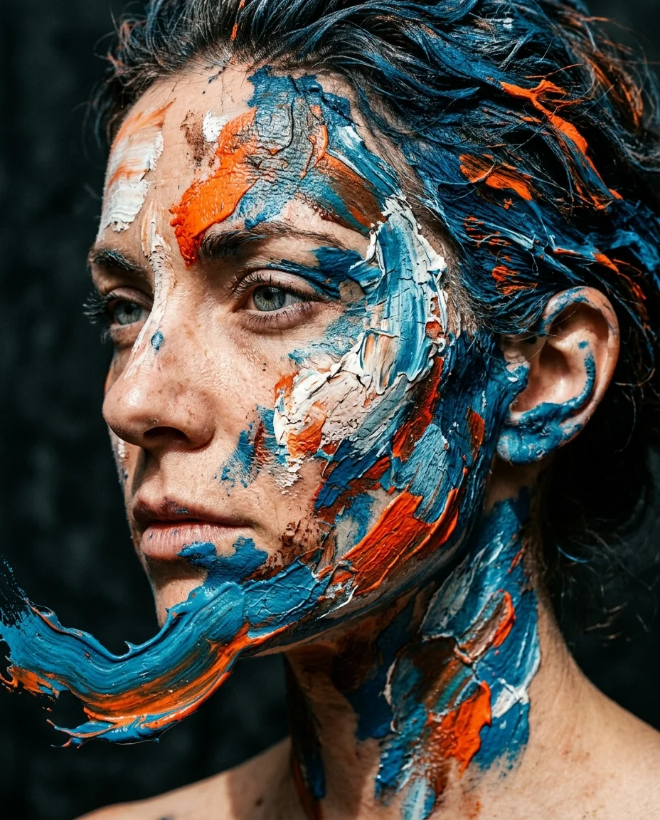 Um macro retrato em perfil de três quartos que transforma o rosto humano em uma tela viva de vanguarda. O sujeito é uma mulher...