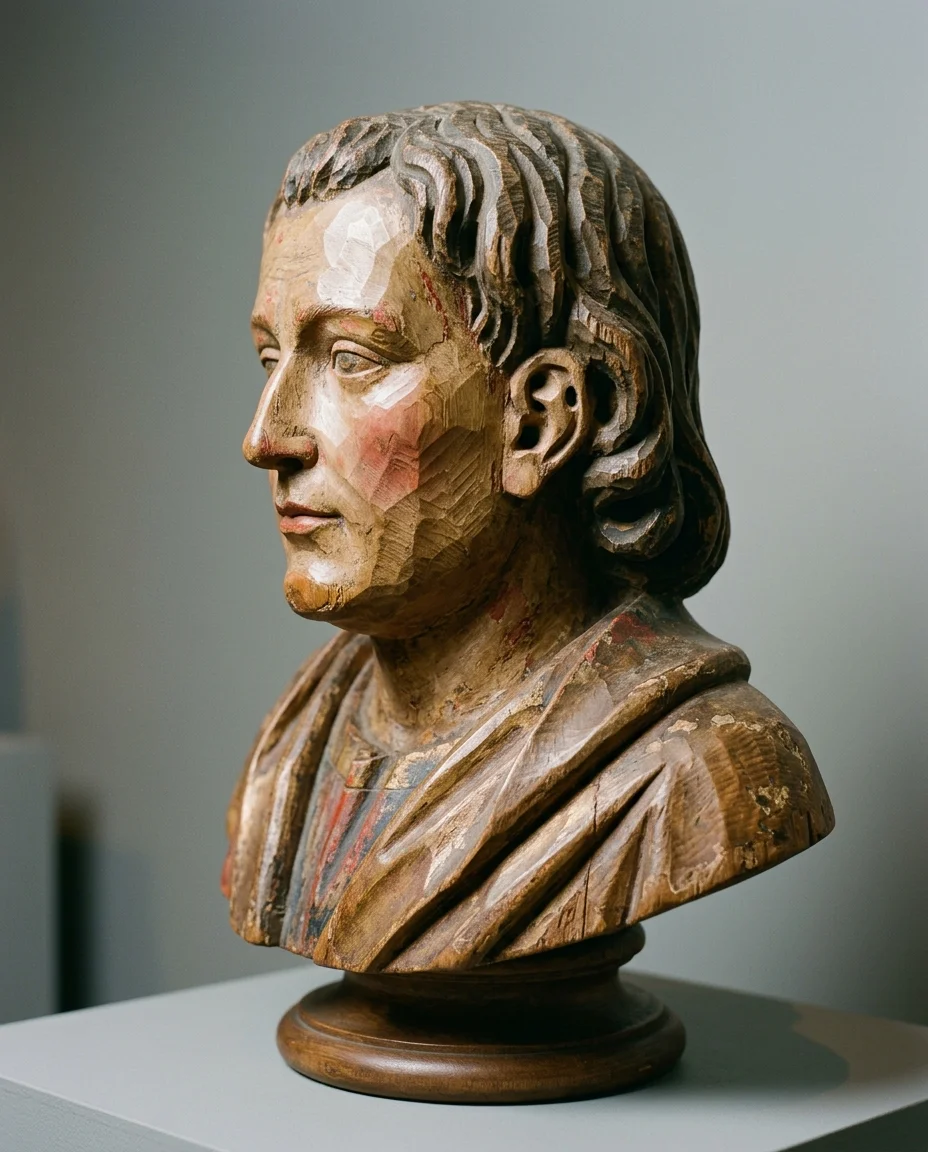 El mismo busto de escultura de madera tallada policromada fotografiado desde un ángulo de tres cuartos, revelando la profundidad del trabajo del cincel en...