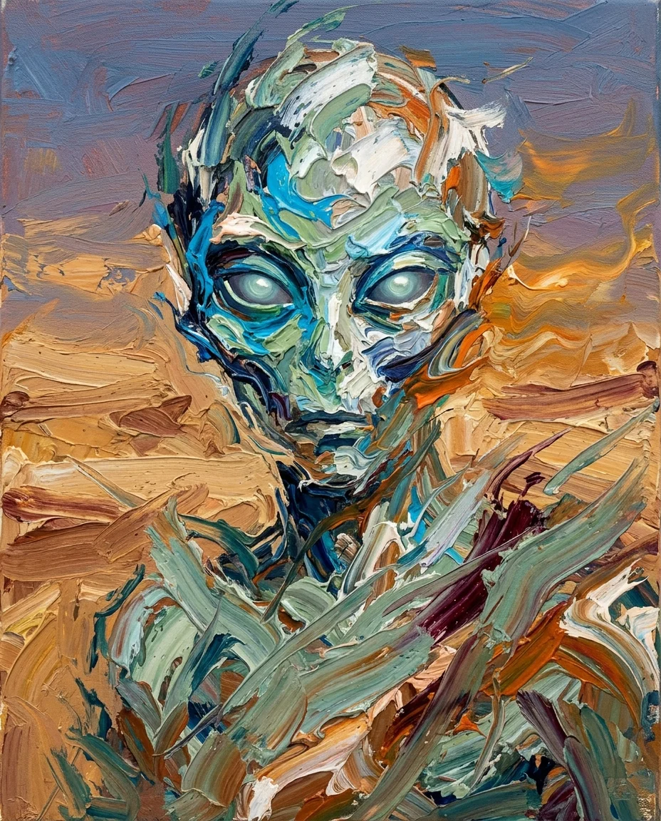 Un primer plano extremo surrealista de la cabeza y la parte superior de la figura alienígena abstracta, llenando el encuadre con enérgicas pinceladas
