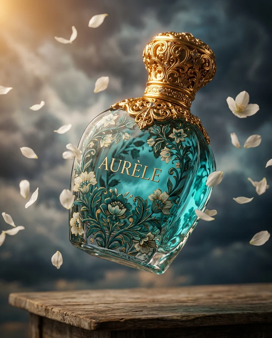 Eine surreale barocke Nahaufnahme der verzierten türkisfarbenen Glasparfümflasche mit Blumenmuster, die schwerelos schwebt. Die Kamera ist nah positioniert